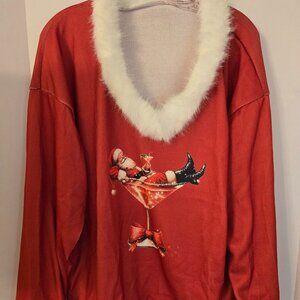 Santa in a Martini Glass "Fur" Lined Women's Top - Brand New/Never Worn!